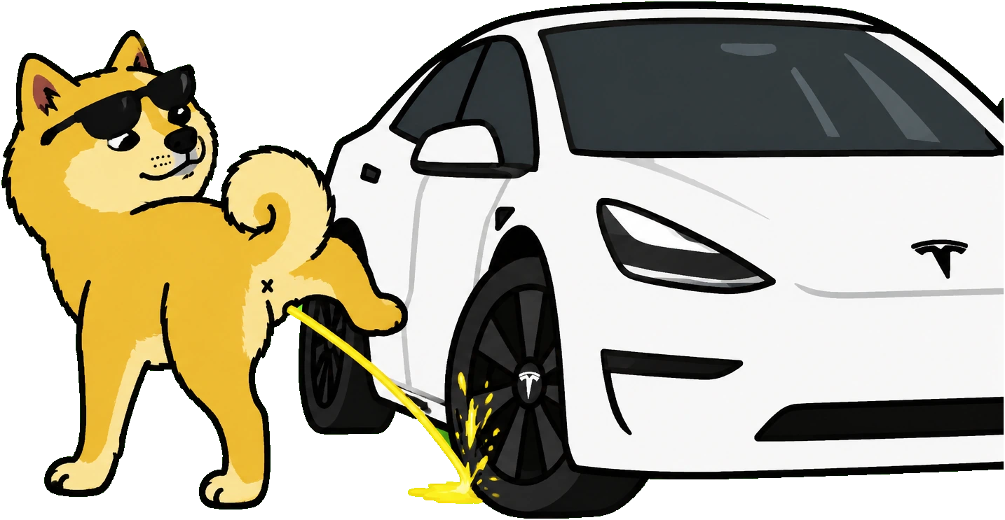 a shiba in sunglasses marking the front wheel of a white electric car while it charges